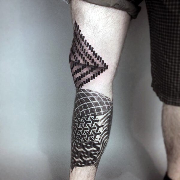 Geometric style black ink knee and leg tattoo