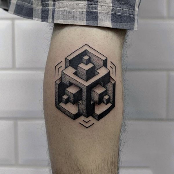 Geometric style small black ink figure tattoo on leg