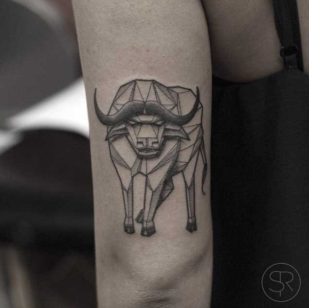 Geometrical style black ink arm tattoo of big bull