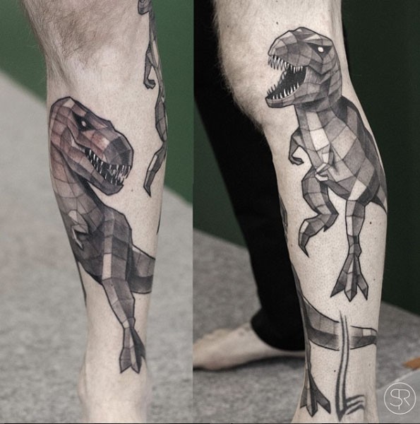 Geometrical style black ink leg tattoo of evil dinosaurs