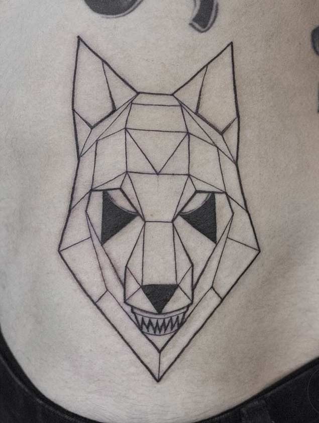 Geometrical style black ink old school tattoo of wolf