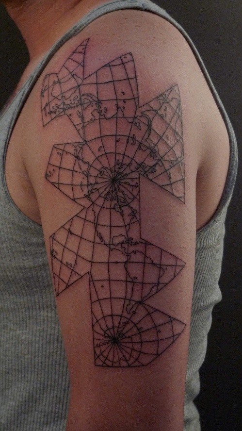 Geometrical style black ink shoulder tattoo of big world map