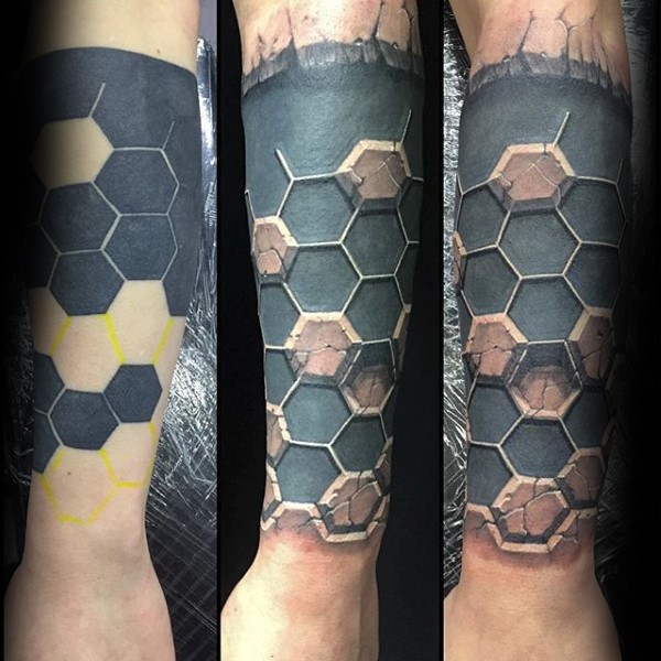 Geometrical style colored arm tattoo of geometrical sculpture