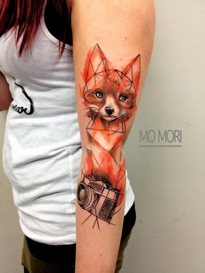 Geometrical style colored big fox with camera tattoo on arm