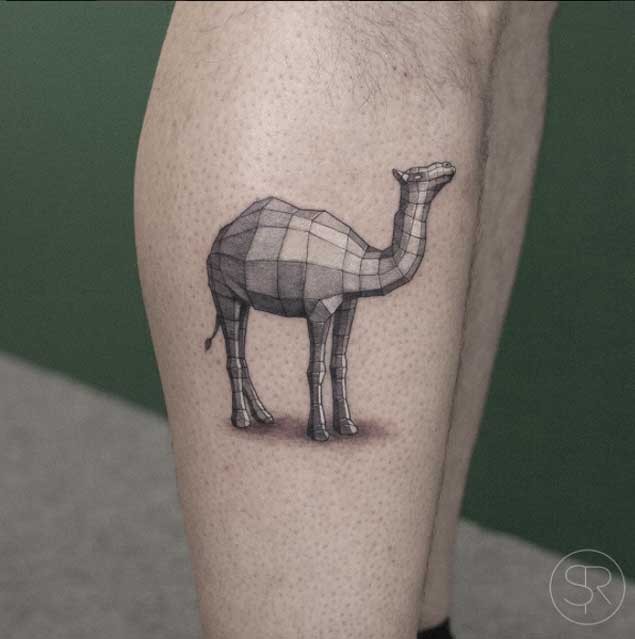 Geometrical style colored leg tattoo of typical camel