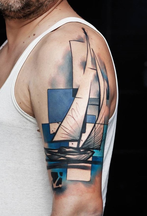 Geometrical style colored shoulder tattoo of sailing ship