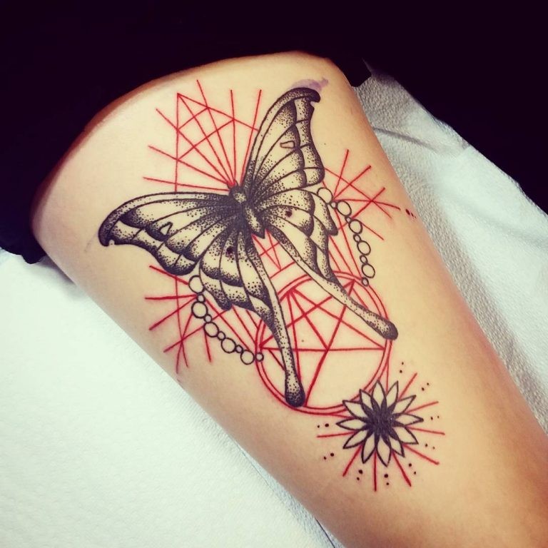 Geometrical style colored tattoo of butterfly with cult symbols