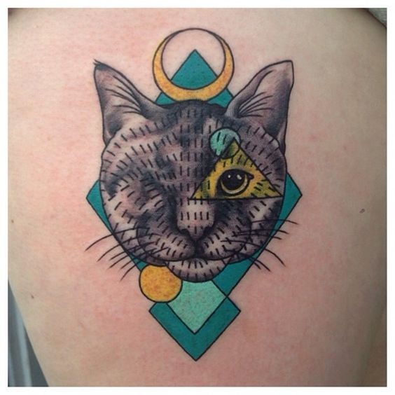 Geometrical style colored tattoo of cute cat with figures