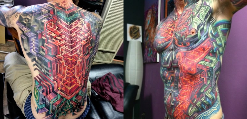Geometrical style colored whole back, chest and belly tattoo of various figures