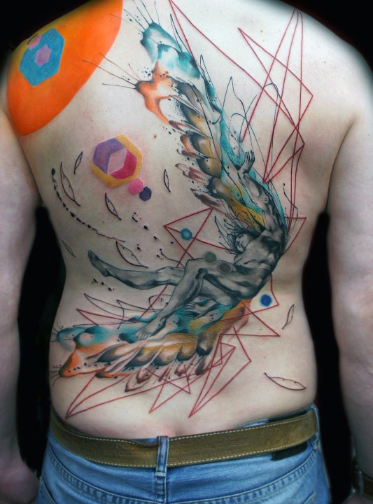 Geometrical style colored whole back tattoo of Icarus with figures