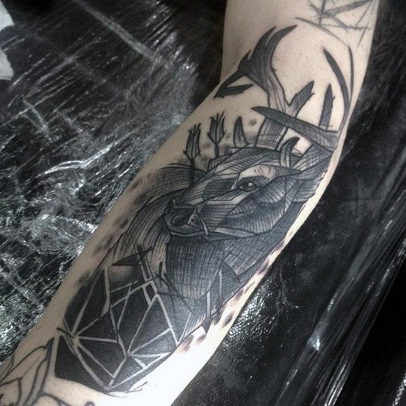 Geometrical style homemade like black ink deer with arrows tattoo on forearm