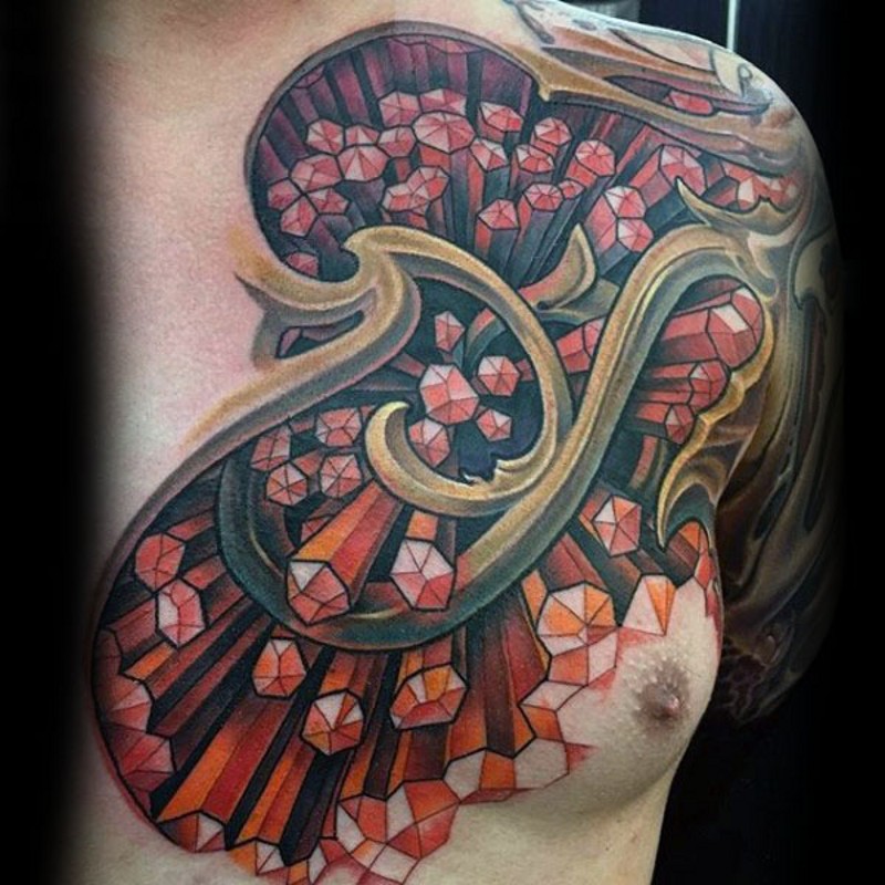 Geometrical style multicolored tattoo on chest