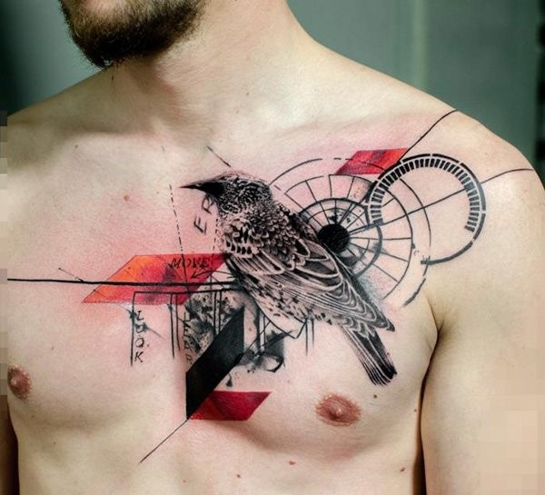 Geometrical style painted colored realistic bird tattoo on chest