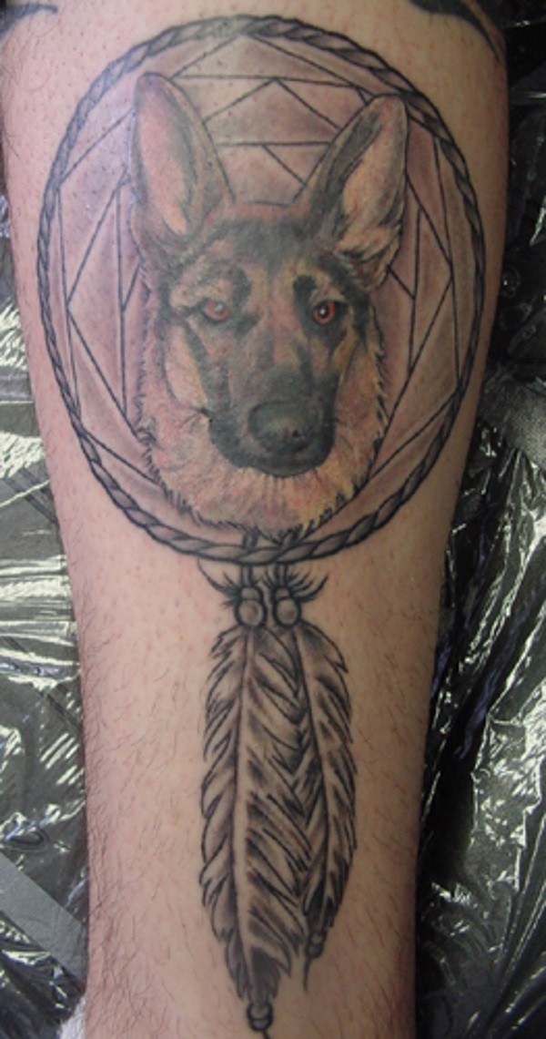 German shepherd tattoo with dream catcher