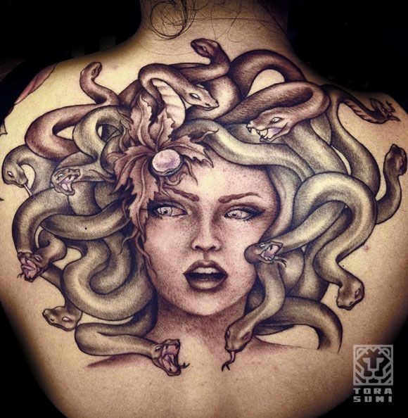 Giant 3D realistic charming seductive Medusa Gorgon  detailed tattoo on back
