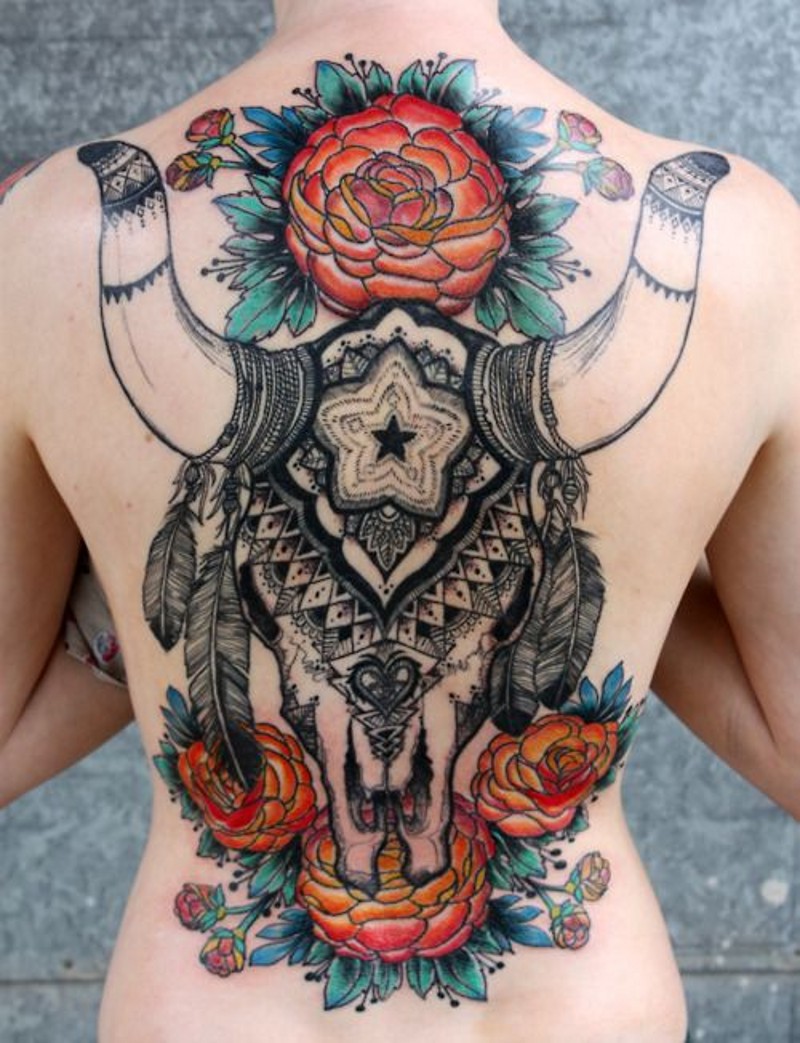 Giant bull skull with Indian style pattern and feather whole back tattoo with colored roses