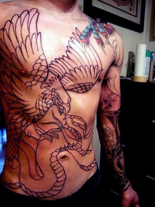 Giant flying eagle vs snake black and white tattoo on chest and belly