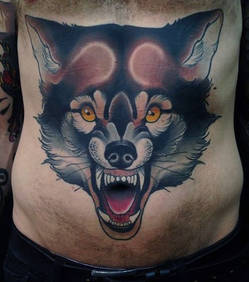Giant furious mad wolf&quots head colored old school style tattoo on belly
