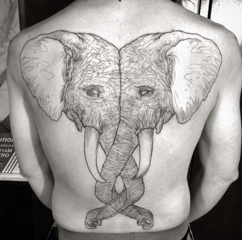Giant pair of elephant&quots heads with curled tunks tattoo on whole back in gray ink