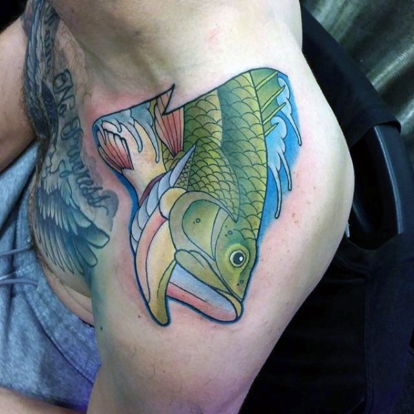 Giant part of green fish detailed tattoo with water waves on shoulder