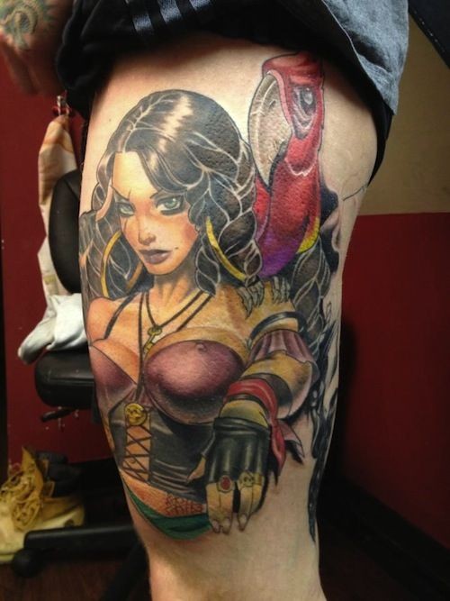 Girl pirate with a parrot on  shoulder by matt difa