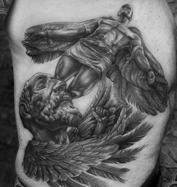 Glorious detailed looking black and white side tattoo of Icarus and Daedalus