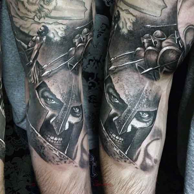 Glorious Spartan warriors themed detailed tattoo on half sleeve