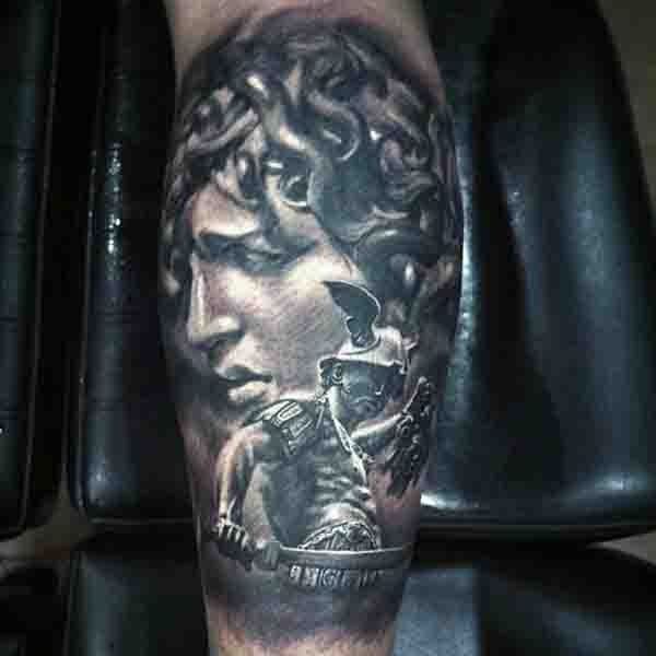 Gorgeous3D like detailed antic statues tattoo on leg