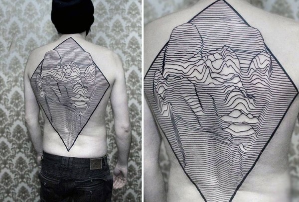 Gorgeous 3D like black ink mountains tattoo on whole back