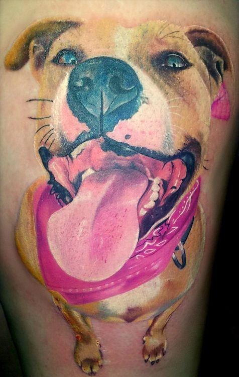Gorgeous 3D natural looking colored thigh tattoo of amazing dog portrait