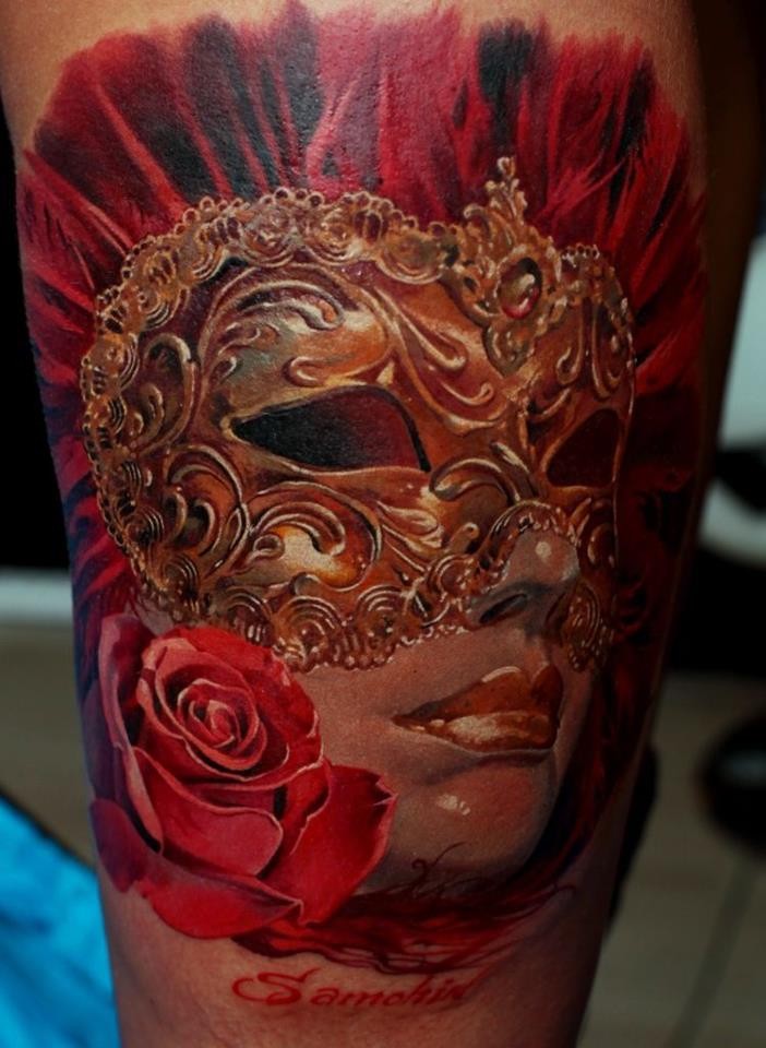 Gorgeous beautiful colored woman in mask tattoo with rose and lettering