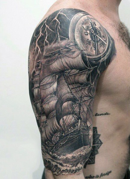 Muy impresionante y realístico tatuaje la nave en la tormenta marina realizado en negro y blanco en el antebrazo