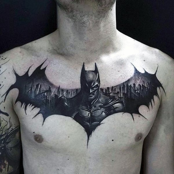 Gorgeous black ink chest tattoo of Batman with emblem