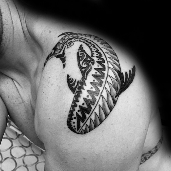 Gorgeous black ink Polynesian style shoulder tattoo of big shark