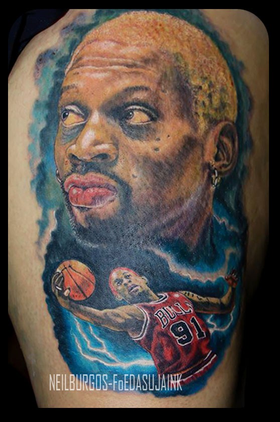 Gorgeous colored and detailed thigh tattoo of Denis Rodman