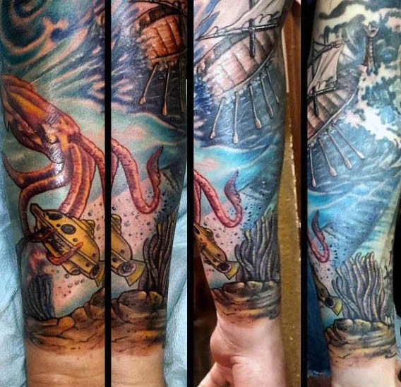 Gorgeous colored big nautical themed tattoo with squid and ships on arm