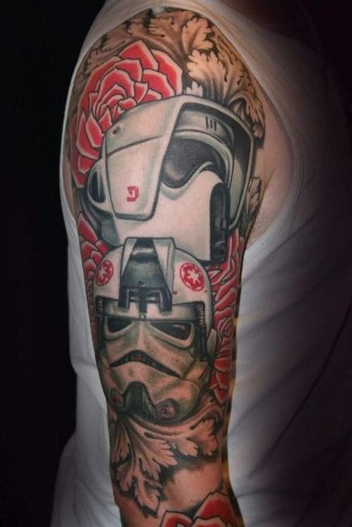 Gorgeous colored big Star Wars themed shoulder tattoo of storm troopers