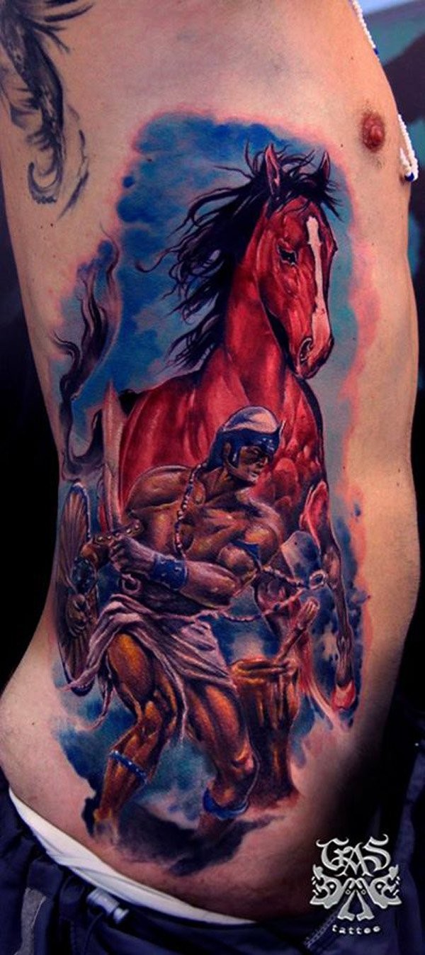 Gorgeous colorful natural looking detailed side tattoo of horse with fantasy warrior