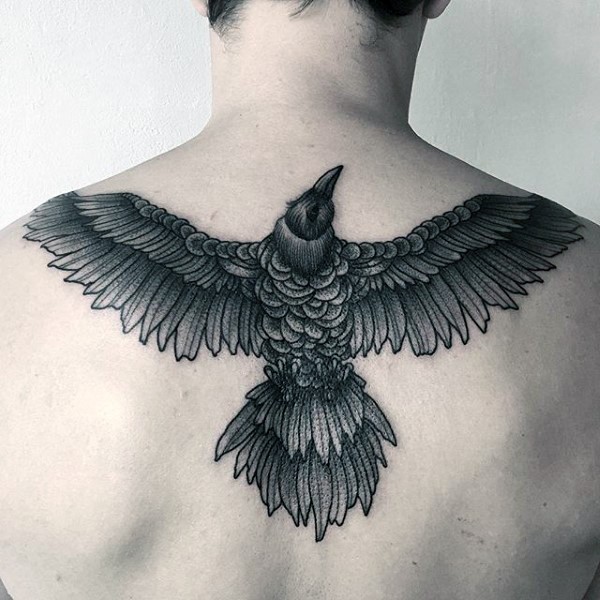 meraviglioso disegno inchiostro nero dettagliato aquila tatuaggio su parte superiore della schiena
