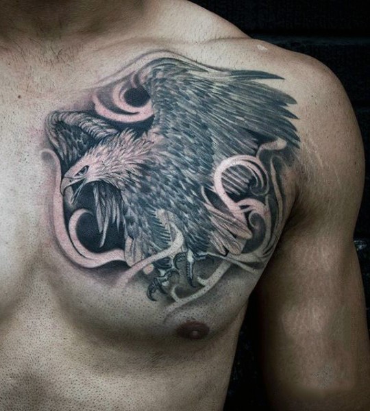 Gorgeous designed black ink flying eagle tattoo in chest
