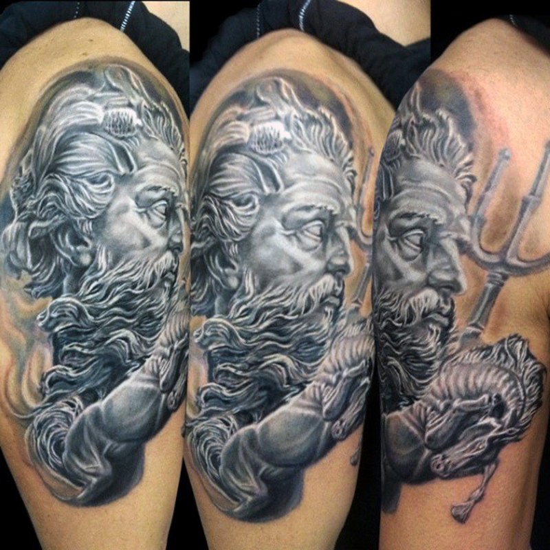 Gorgeous detailed black and white Poseidon shoulder tattoo  with horses