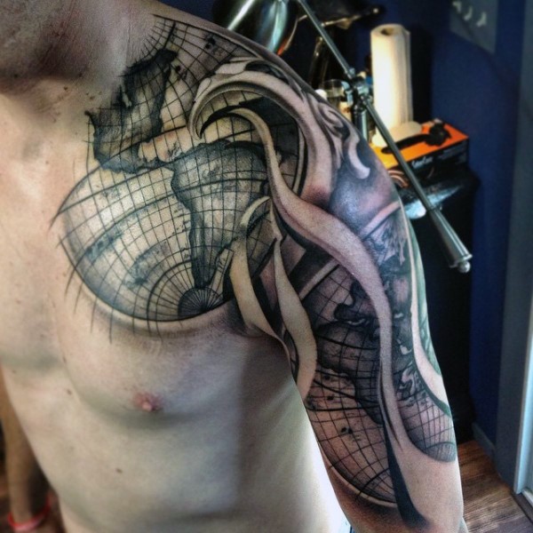 Gorgeous detailed black ink globe tattoo on shoulder