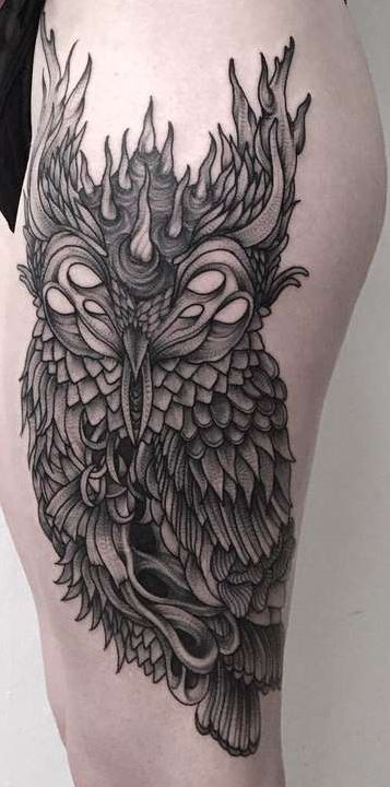 Gorgeous detailed massive fantasy thigh tattoo of demonic owl