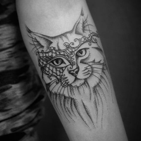 Gorgeous dot style like forearm tattoo of wild cat with beautiful mask