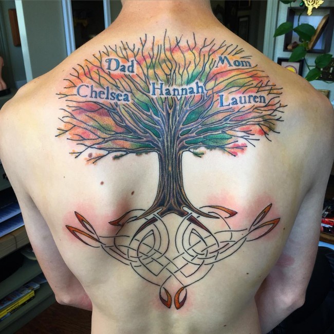 Gorgeous multicolored upper back tattoo of family tree with lettering