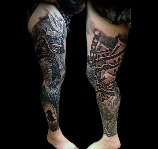 Gorgeous natural looking colored detailed samurai tattoo with old house on whole leg