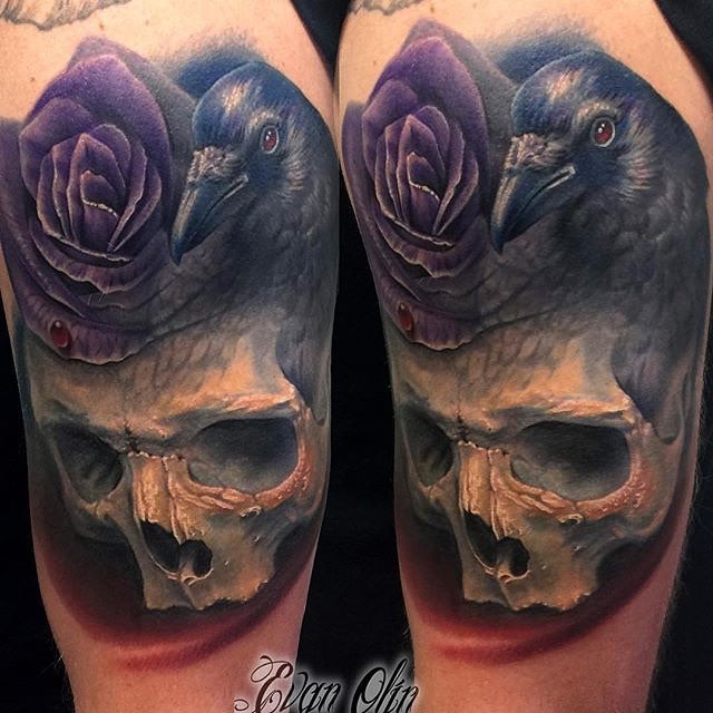 Gorgeous new school style detailed colored shoulder tattoo of human skull with crow and pink rose