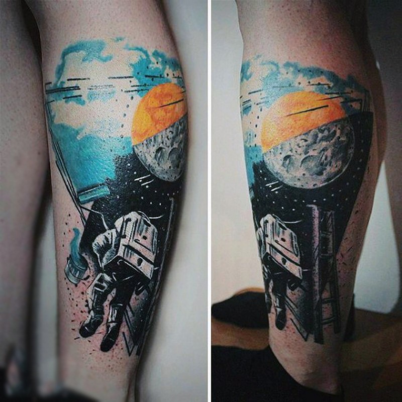 Gorgeous painted and colored space themed tattoo on leg