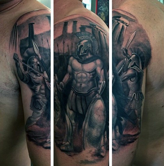 Gorgeous painted black ink antic Greece warriors tattoo on shoulder