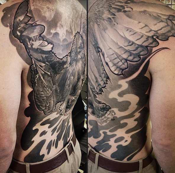Gorgeous painted large whole back tattoo of detailed eagle